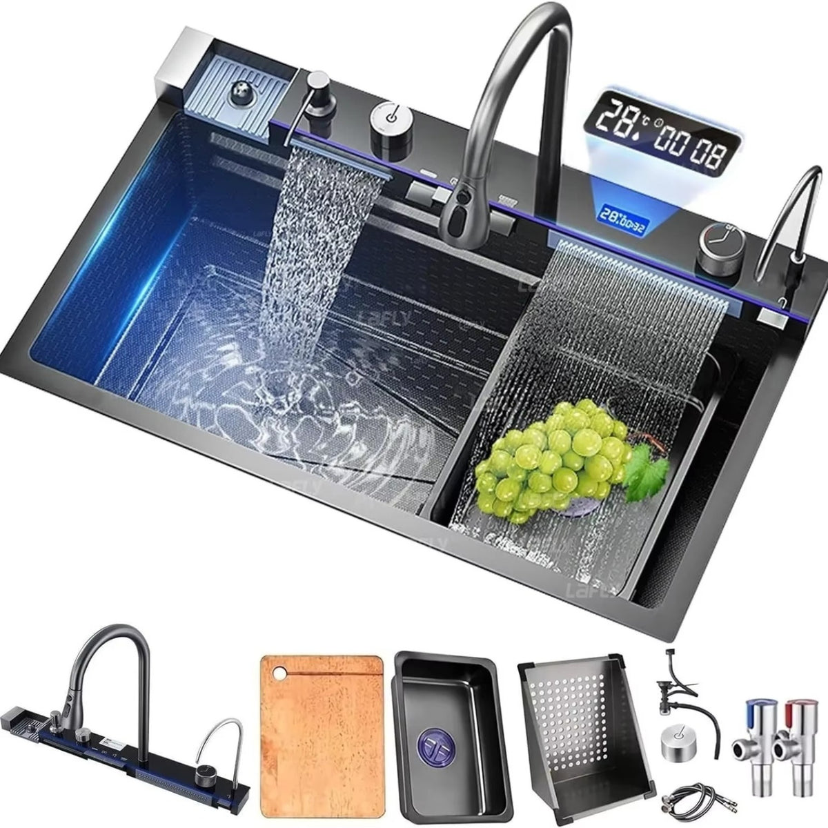 VirtuxPro išmanioji virtuvės plautuvė 80 cm su LED temperatūros ekranu, 2 krioklio režimais, 3 funkcijų maišytuvu ir priedais.