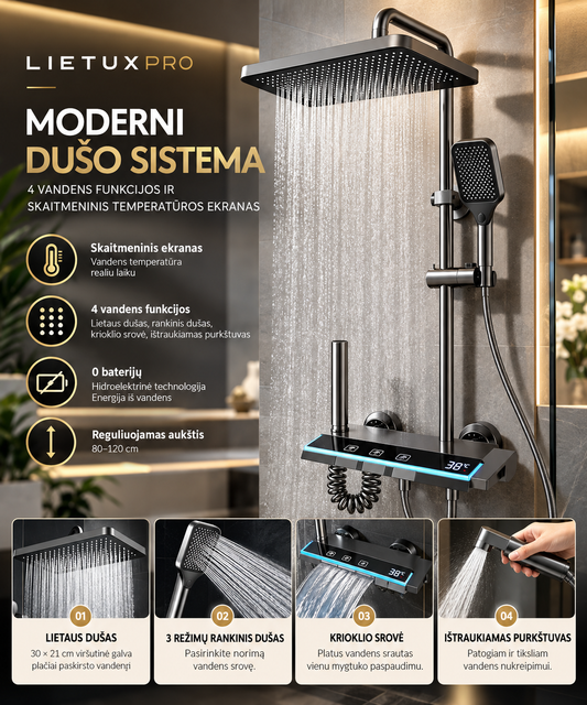 LietuxPro išmanioji dušo sistema su 4 vandens funkcijomis, lietaus dušu, skaitmeniniu temperatūros ekranu ir hidroelektrine technologija.